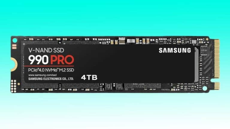 Samsung 990 Pro V-NAND SSD, 4TB capacity, featuring PCIe 4.0 NVMe M.2 interface, Auto Draft shown against a light blue background.