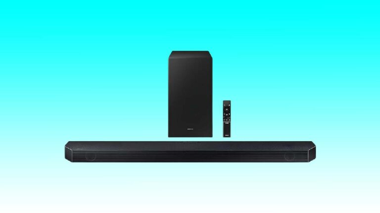 A SAMSUNG HW-Q60CC soundbar with a subwoofer and remote control against a teal background.