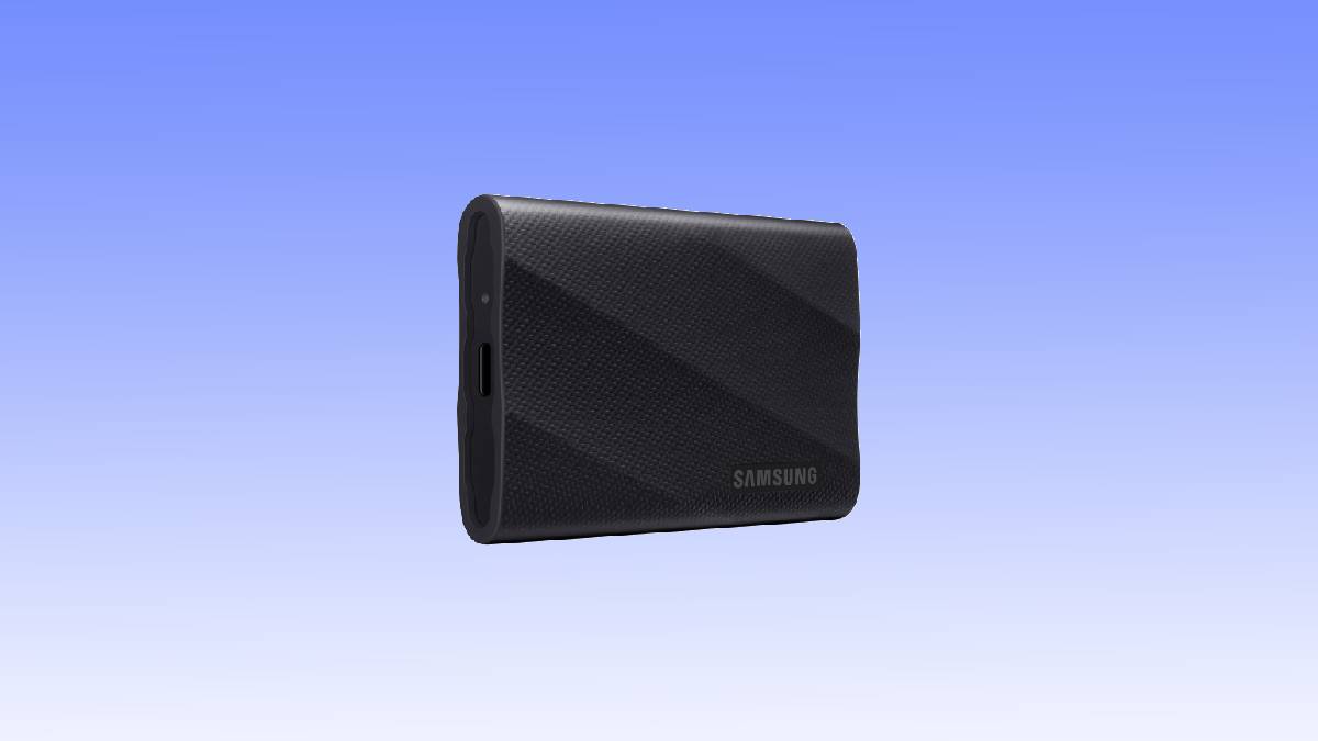 A black Samsung portable SSD deal floating against a plain blue background.