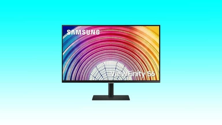 Samsung ViewFinity S60A computer monitor displaying vibrant colorful swirls on a gradient blue background.