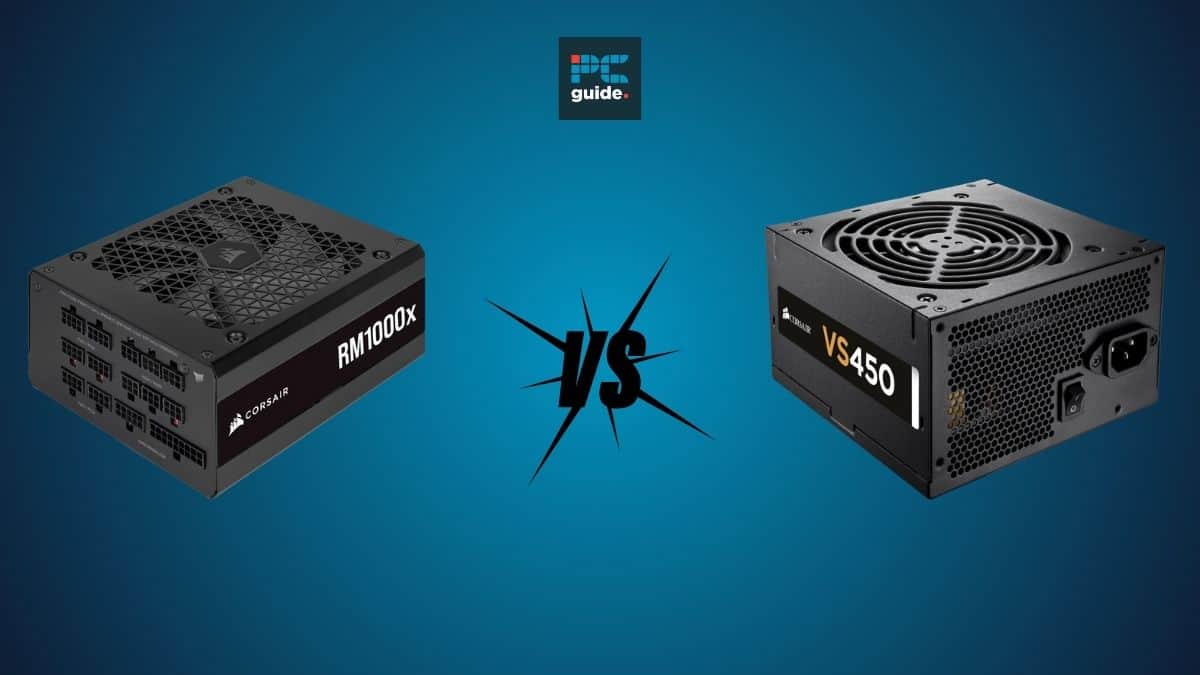 Comparison of two power supply units (PSUs) with a versus symbol between them: SFX PSU vs ATX PSU.