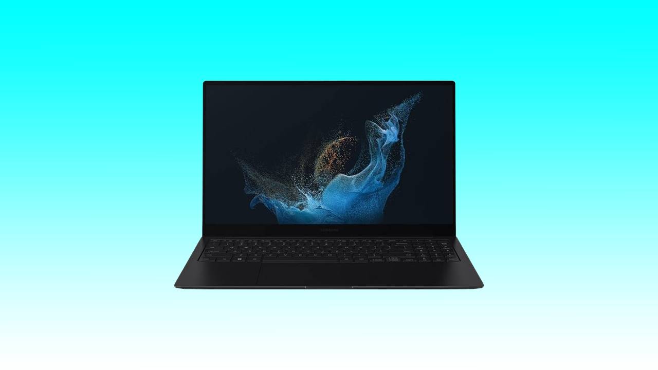 A Samsung Galaxy Book2 Pro laptop displaying a vibrant digital artwork of a cosmic entity on its screen, set against a plain teal background.