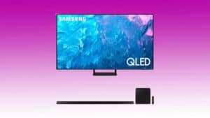 Samsung Q70C TV and soundbar bundle displayed on a pink background, featuring a vibrant blue abstract image on the screen.