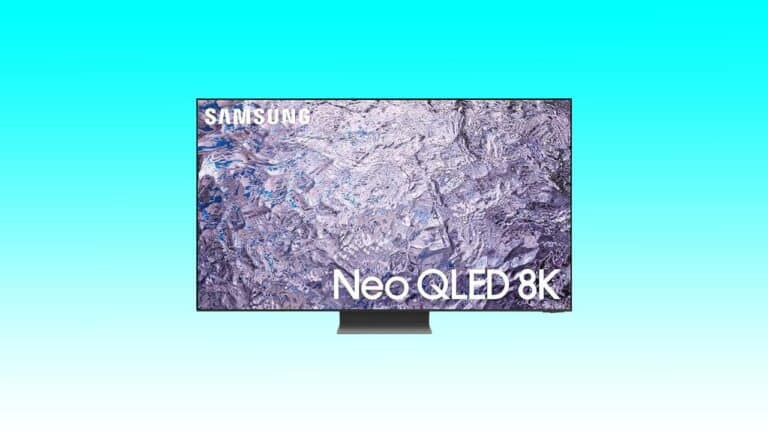 Samsung 75 inch 8K TV displaying a detailed metallic texture on screen, positioned against a light blue background.