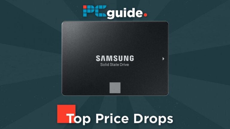 A Samsung 860 EVO 1TB SSD displayed on a dark background, with PC Guide logo and "top price drops" text.
