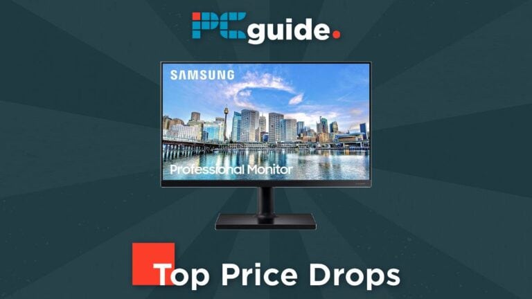 A Samsung professional monitor displaying a cityscape, with a "PC Guide" logo in the top left corner and a "limited-time deal" label below.