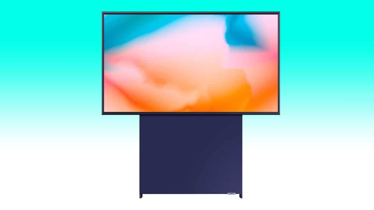 Abstract art displayed on a Samsung The Sero, a 4K rotating TV with a blue stand, against a gradient turquoise background.
