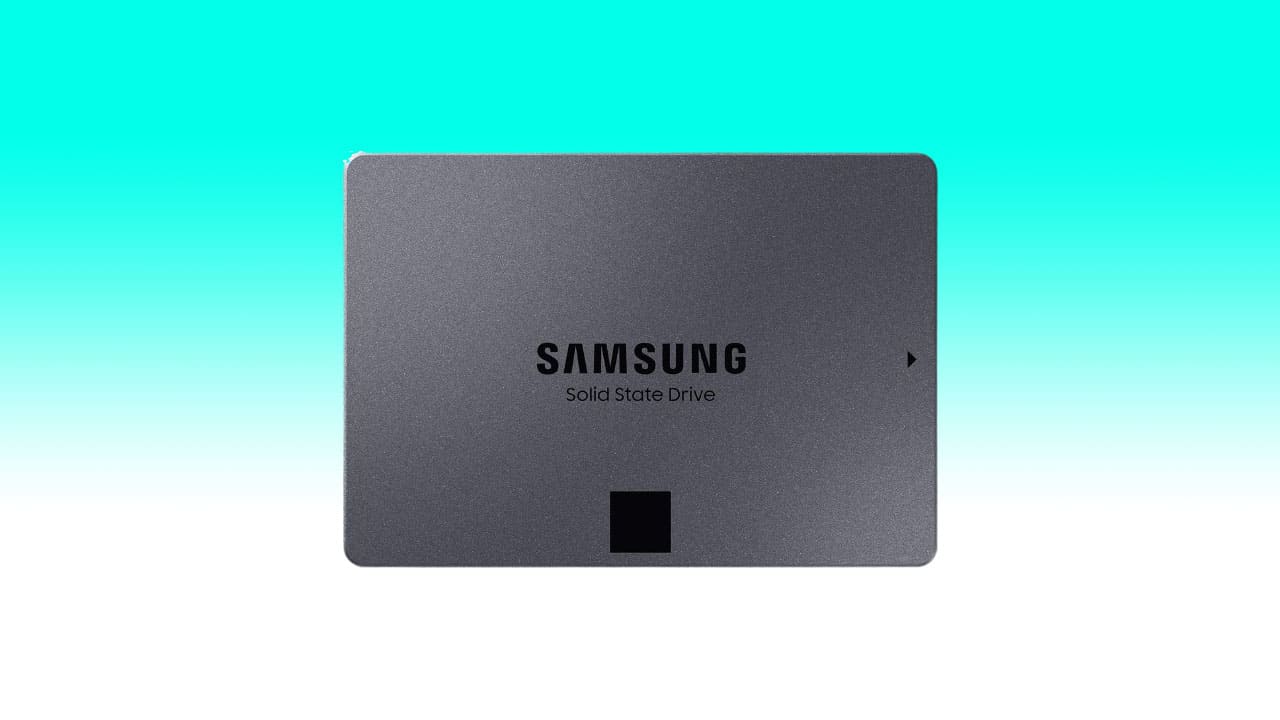 Samsung 4TB SSD centered against a gradient turquoise background.