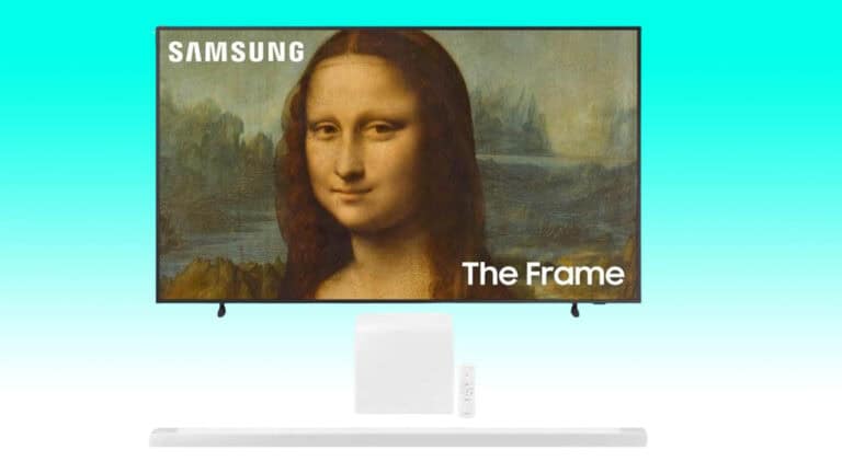 Samsung's "The Frame" QLED TV displaying the Mona Lisa painting, mounted on a teal background with a white stand beneath it.