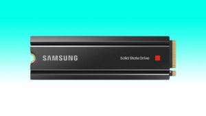 Samsung SSD deal with black casing and gold connector, isolated on a soft blue and green background.