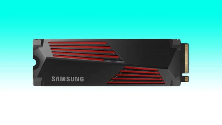 A Samsung 990 Pro solid state drive (SSD) with a sleek, black casing and red detailing, displayed against a gradient blue background.