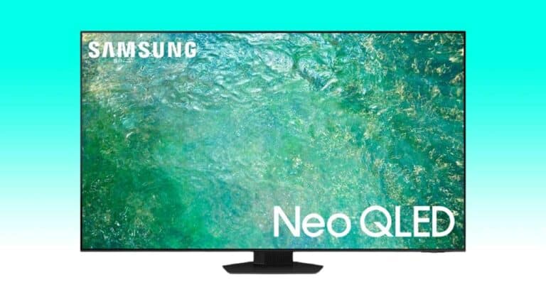 A Samsung Neo QLED television displaying a vibrant image of turquoise water, now available at an incredible TV deal.