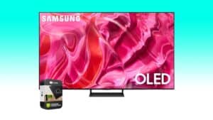 Samsung 77 Inch OLED 4K Smart TV displaying a vibrant pink and red abstract design, accompanied by a black one-year premium protection plan card.