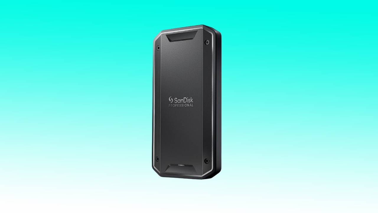 SanDisk Professional External SSD against a teal background.