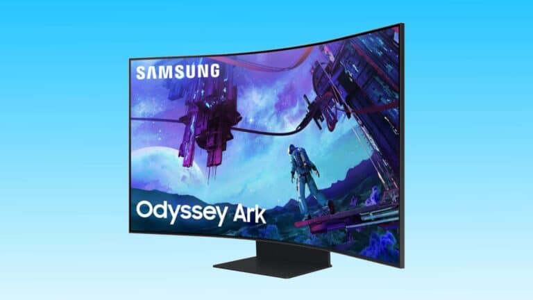 Samsung Odyssey Ark curved 4K gaming monitor displaying a vibrant sci-fi spaceship scene on Amazon.