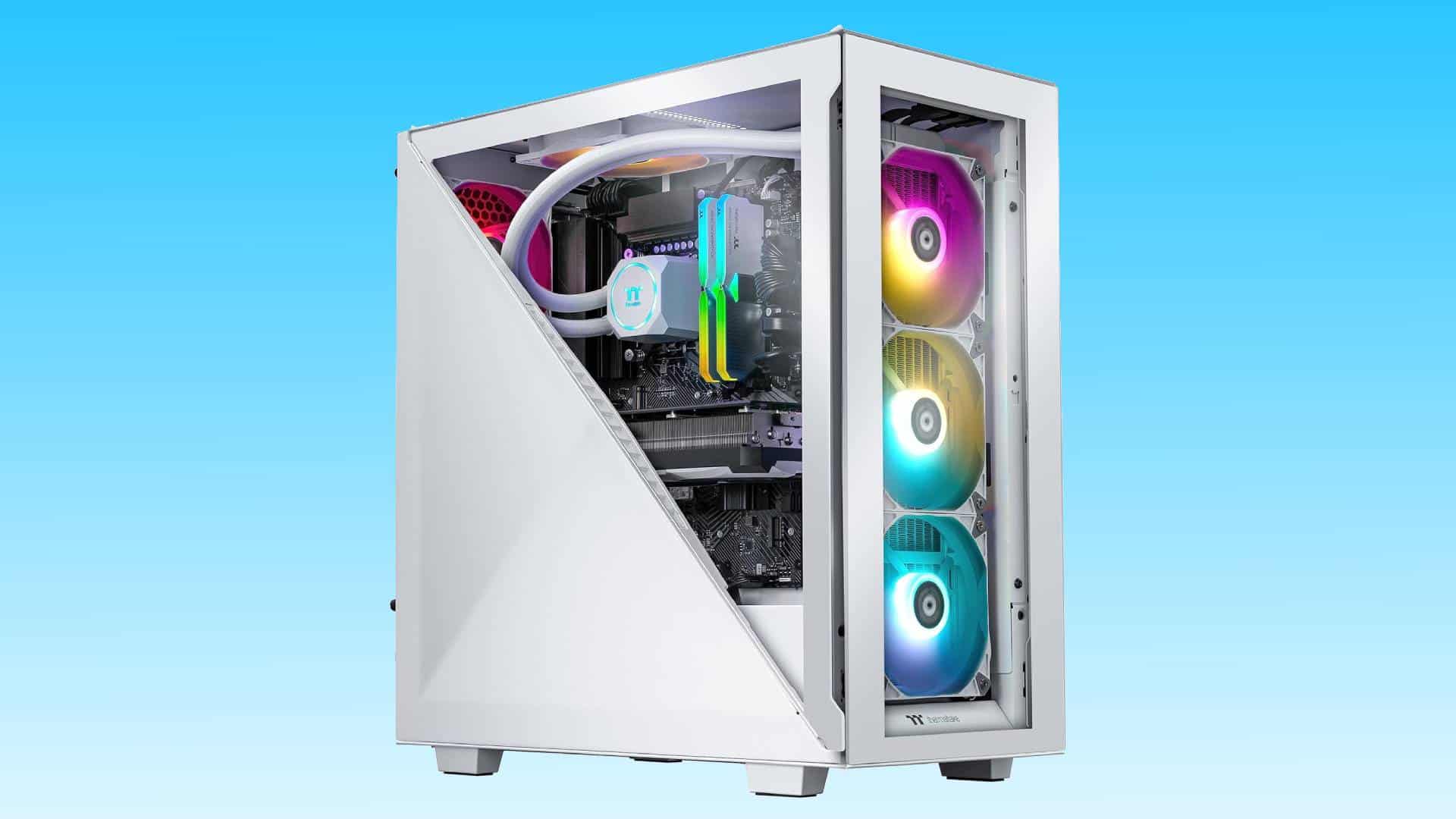 A modern, white gaming PC tower with transparent side panel showcasing vibrant RGB lighting and a high-end RTX 4070 Ti component.
