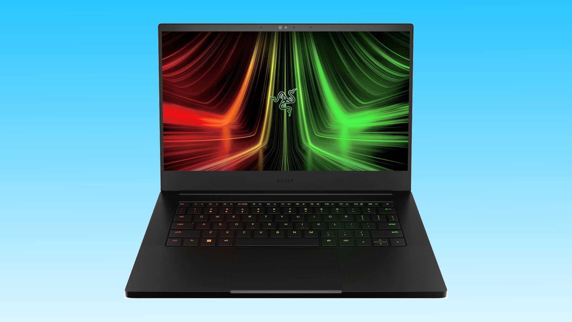A Razer RTX 3070 Ti gaming laptop opened and displaying a vibrant green and red abstract wallpaper, set against a blue gradient background.