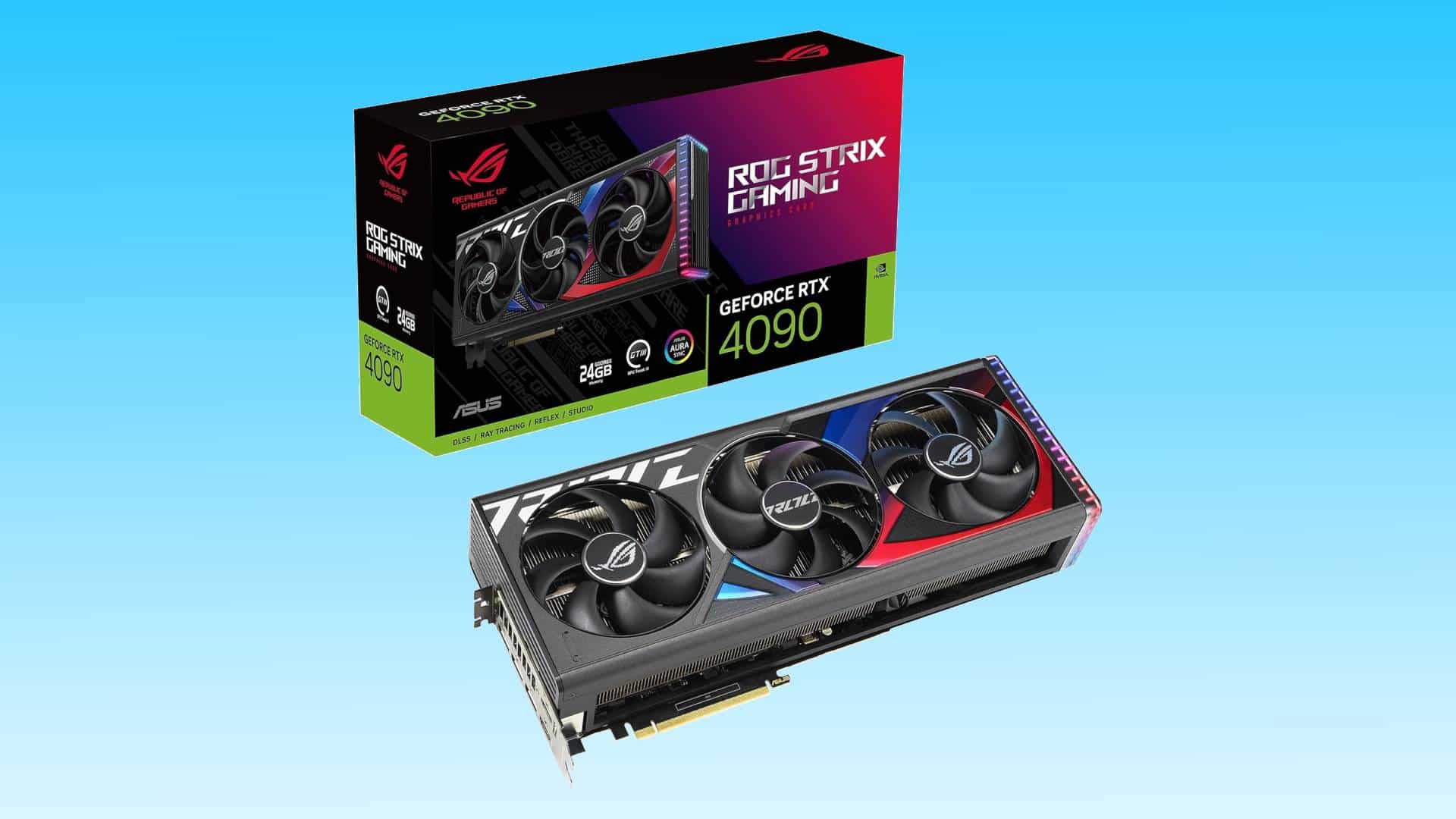 An ASUS ROG Strix RTX 4090 graphics card alongside its packaging box against a blue background, available with an Amazon deal to save $250.