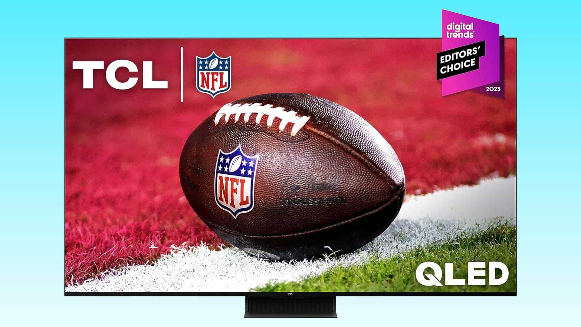 A close-up image of an NFL football on a TV screen display, representing a 75 inch TCL QLED TV, with a digital emblem reading "Editor's Choice 2023".