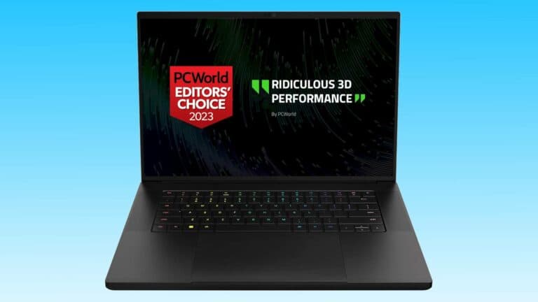 A Razer gaming laptop open on a blue background, displaying an award from pcworld for "ridiculous 3D performance," titled as Editors' Choice 2023.
