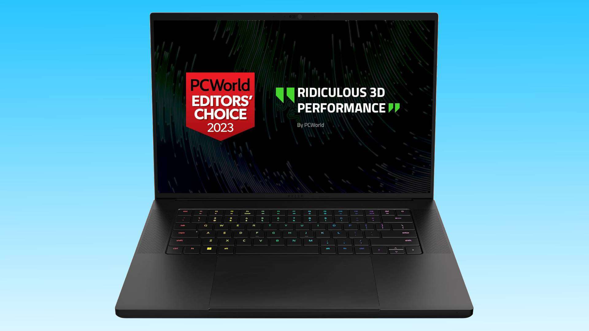 A Razer gaming laptop open on a blue background, displaying an award from pcworld for "ridiculous 3D performance," titled as Editors' Choice 2023.