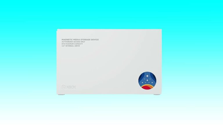 A white Seagate Starfield Special Edition external HDD with a European Union flag and text, against a turquoise background.