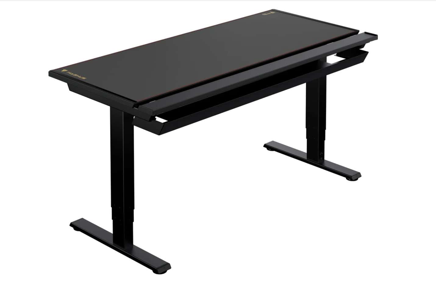 A black adjustable Secretlab Magnus Pro standing desk with a sleek top and sturdy metal legs, positioned on a plain white background.