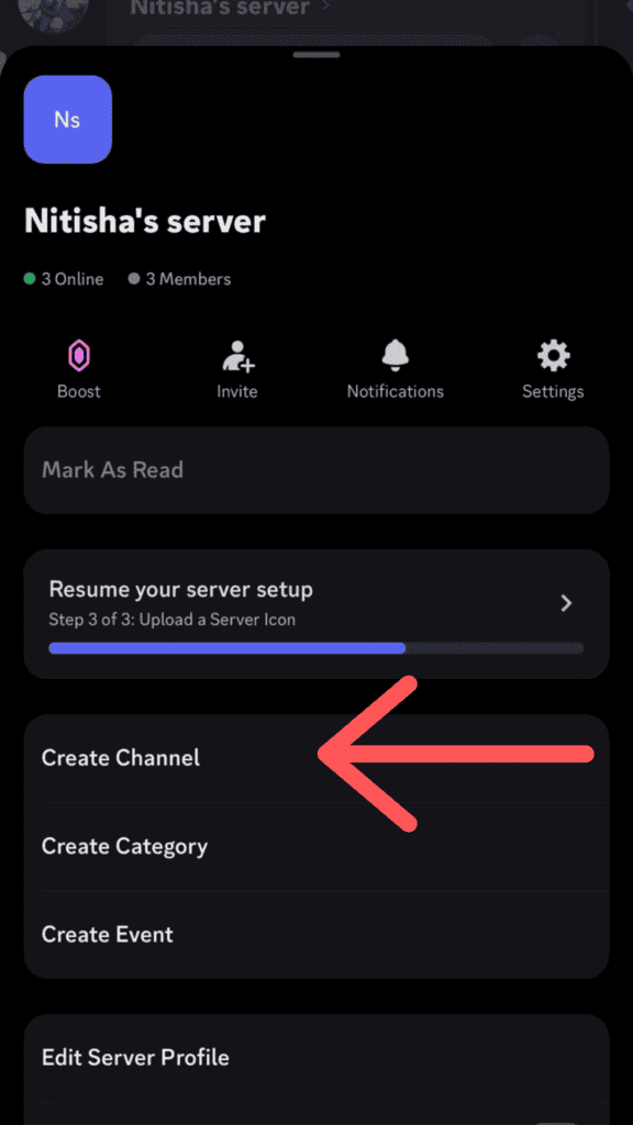 Screenshot of a Discord channel interface highlighting the "create a server" option with a red arrow pointing to it, accessible on both desktop and mobile.