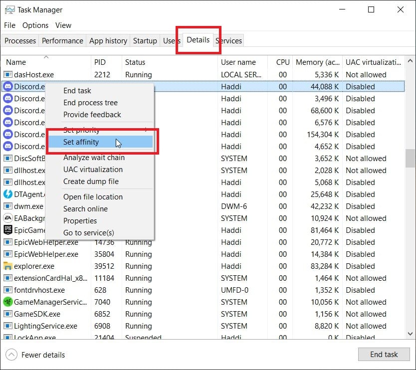 Screenshot of task manager window with the 'details' tab selected, showing various running processes and options like "end task" highlighted in red, focusing on Discord CPU usage reduction methods.