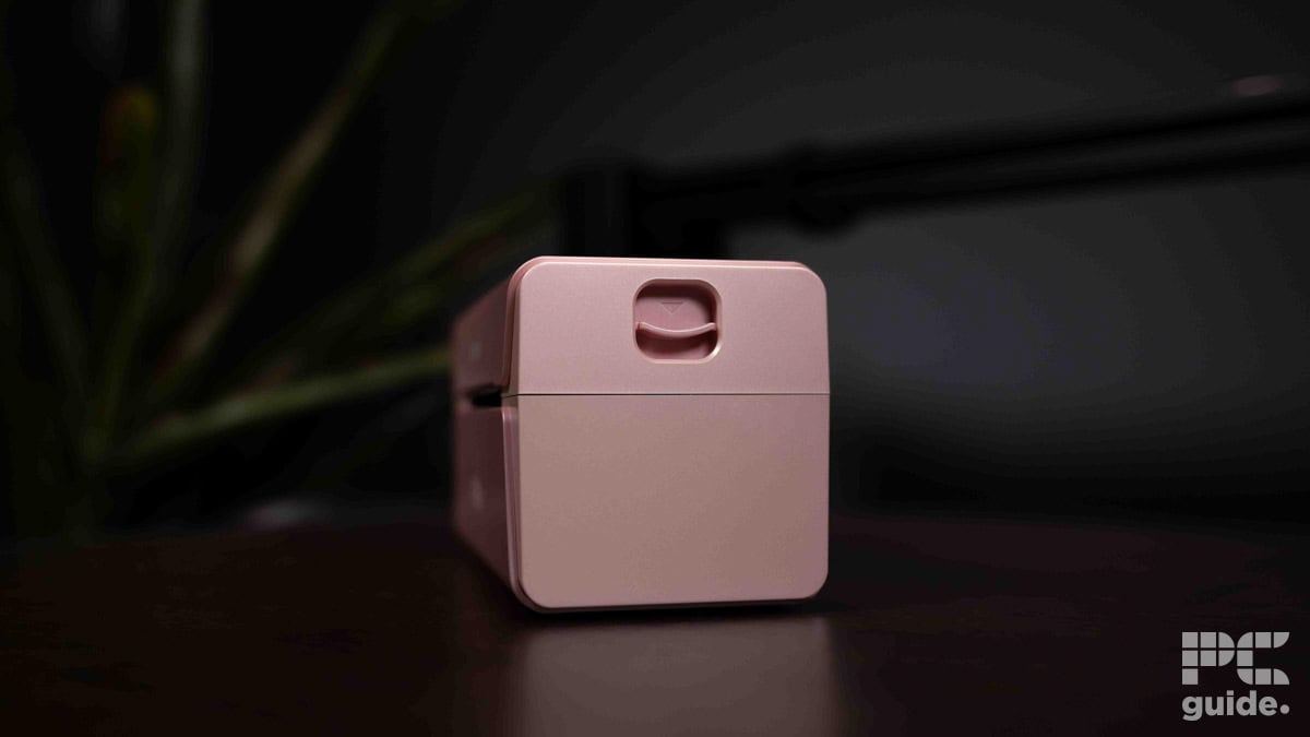 A pink label printer on a dark surface with a blurred green plant background.