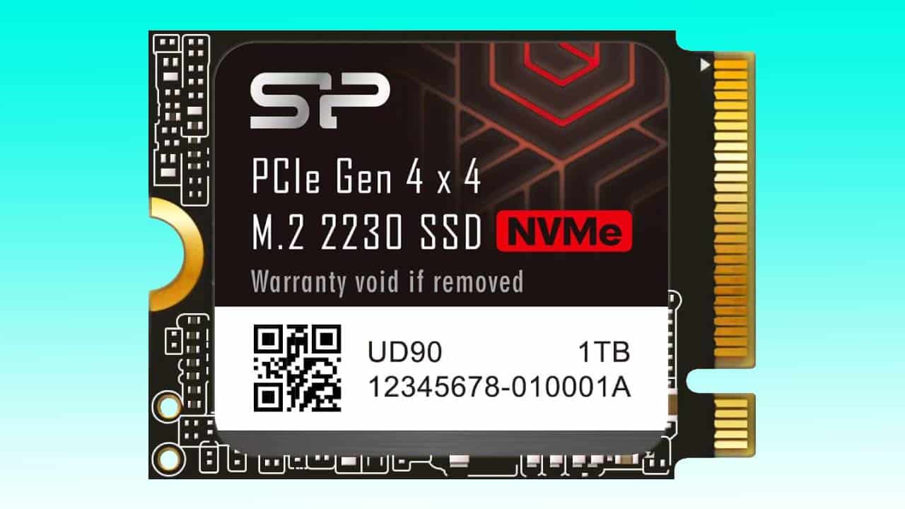 An m.2 2230 nvme ssd with pcie gen 4 x 4 interface, featuring a warranty label and a qr code on an auto draft blue background.