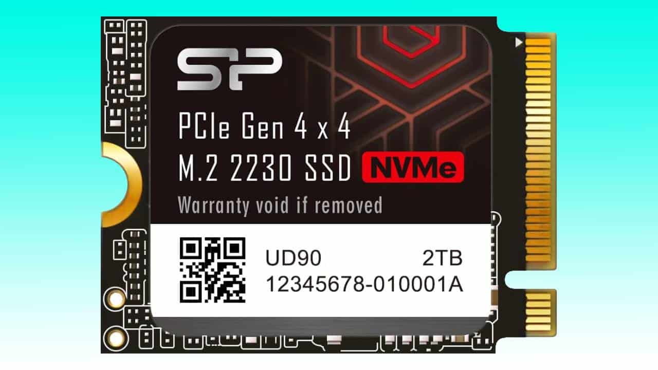 Silicon Power 2TB SSD, M.2 NVMe with PCIe Gen 4 x4 interface, featuring a 2TB capacity and handheld compatible.