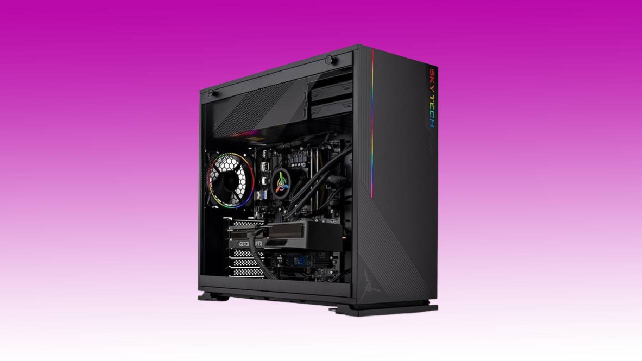 A modern Skytech Azure gaming PC with a transparent side panel showing internal components, set against a pink background.