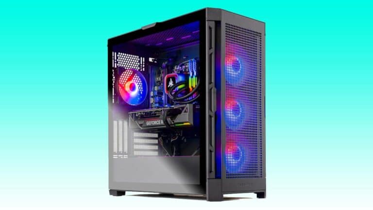 High-end Skytech Blaze gaming PC with transparent side panel showing internal components like motherboard, colorful RGB lighting, and RTX 4070 Ti GPU, against a gradient blue background.