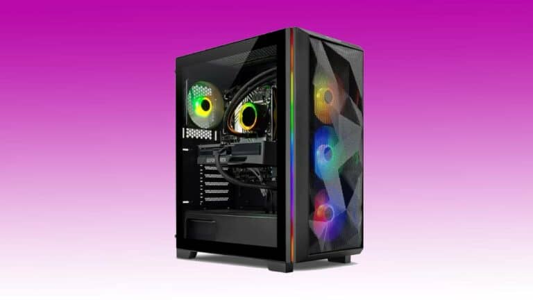A premium gaming PC with a transparent side panel showing LED lights and high-end internal components, set against a pink and purple background.