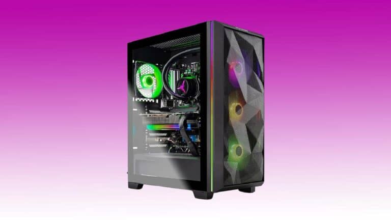 A high-end Skytech Gaming PC with RGB lighting inside a glass case, set against a pink and purple gradient background.