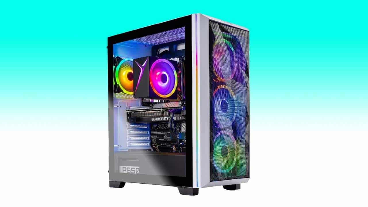 A modern Skytech Gaming Chronos pc with a transparent side panel, showcasing vibrant rgb lighting and high-end components inside.
