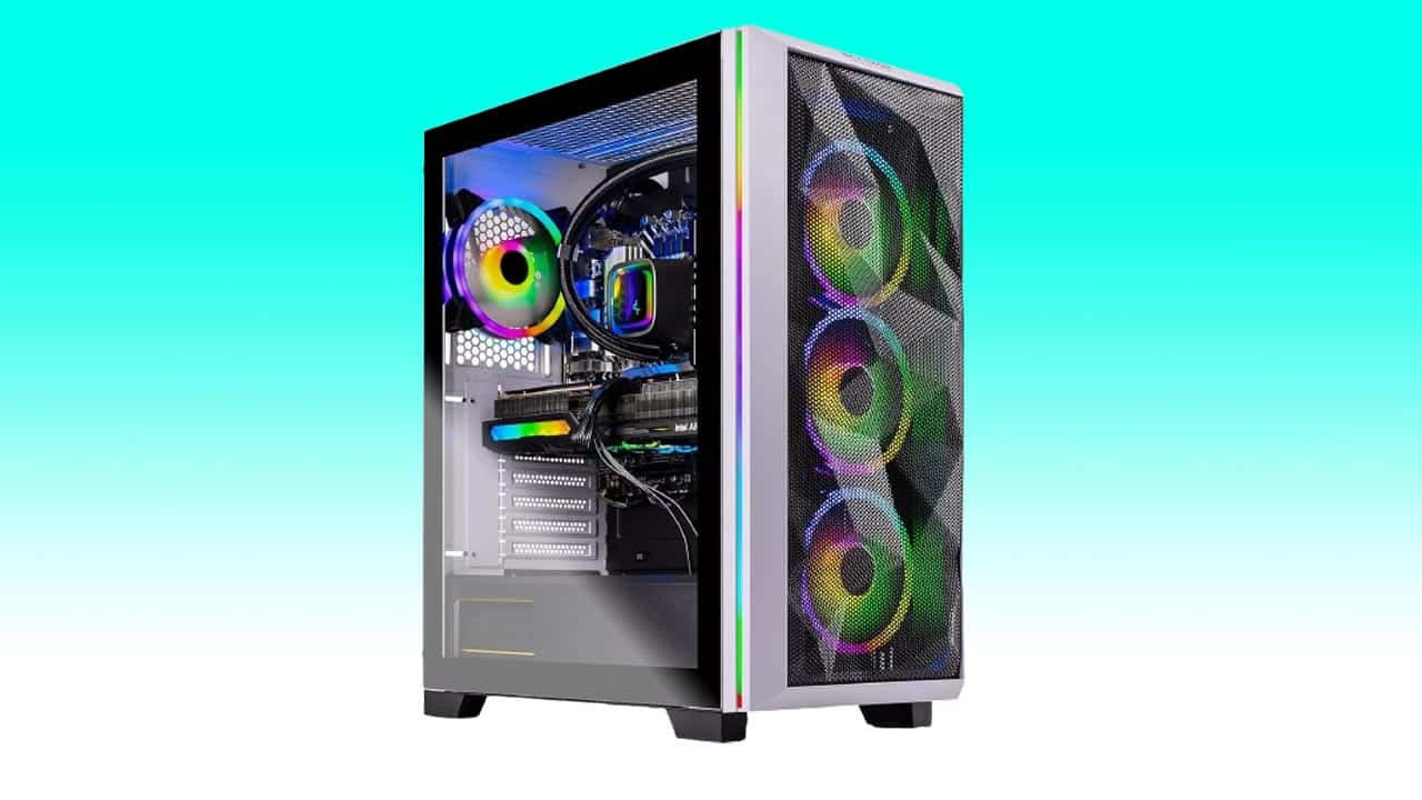 High-performance Skytech gaming PC with rgb lighting and transparent side panel.
