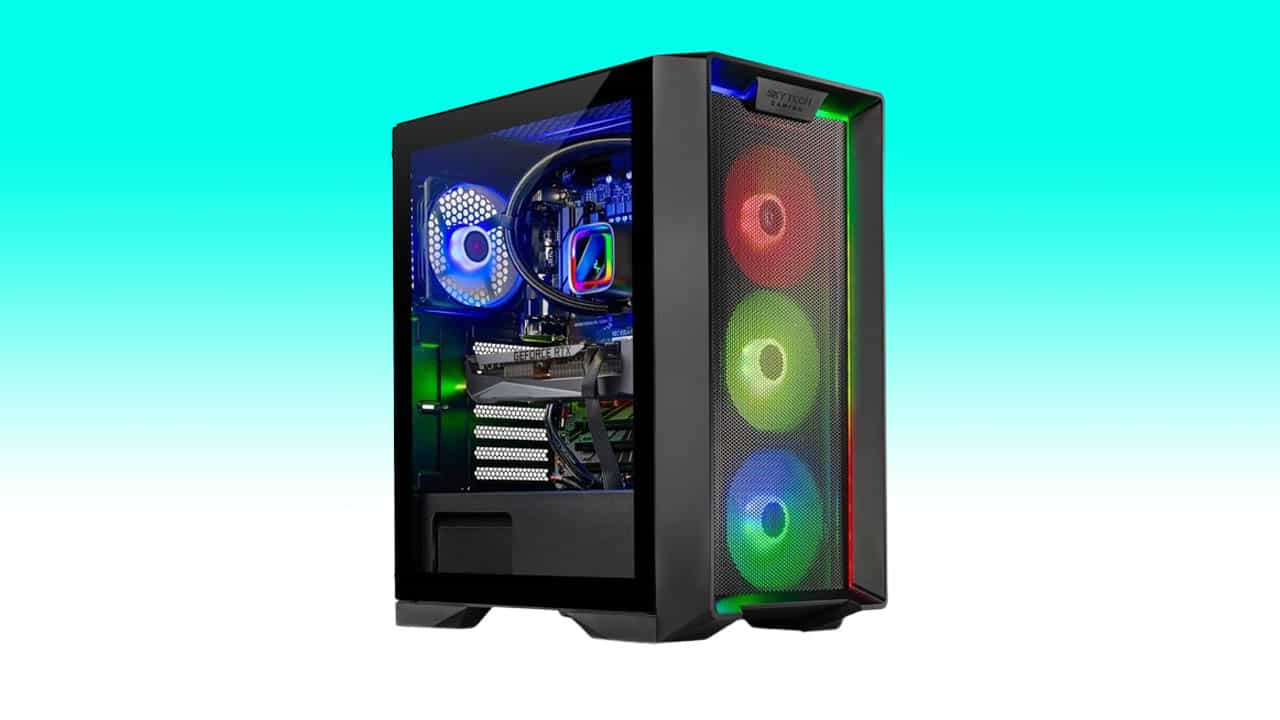 Skytech Nebula Gaming PC deal with transparent side panel showing internal components and multicolored LED fans, set against a gradient blue-green background.