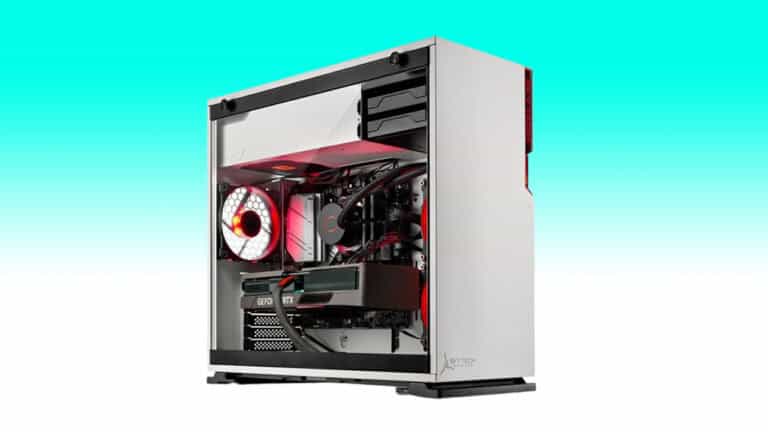 A high-performance Gaming PC Desktop with an open case, showcasing internal components like the motherboard, fan, and RTX 4070 graphics card, set against a teal background.