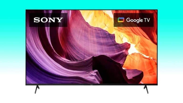 A Sony 75" X80K television displaying a vibrant image of colorful, wavy rock formations, with a Google TV logo in the top right corner.