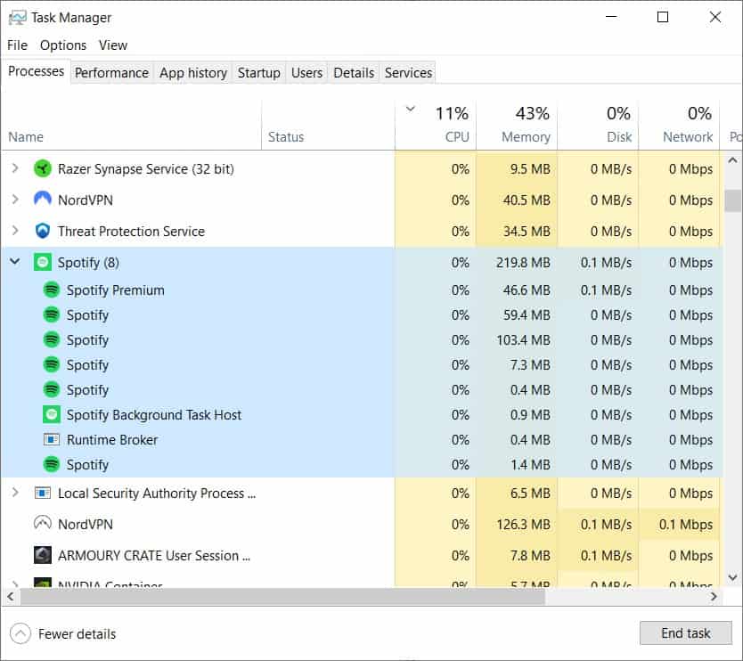 Screenshot of the task manager displaying a list of active processes on a Windows computer, including nordvpn and Spotify, to optimize Spotify performance.