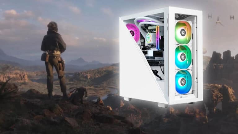 A person in a jacket looks over a rugged landscape, juxtaposed with an image of a modern, open white PC tower with colorful RTX 4060 Ti components.