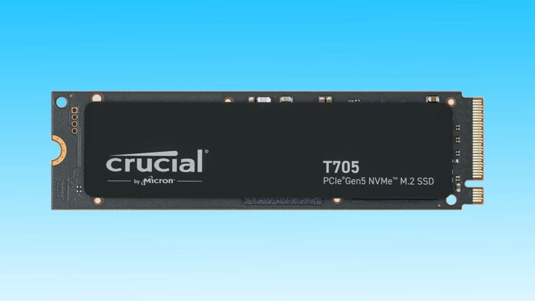 Crucial T705 2TB PCIe Gen5 NVMe M.2 SSD against a blue background.