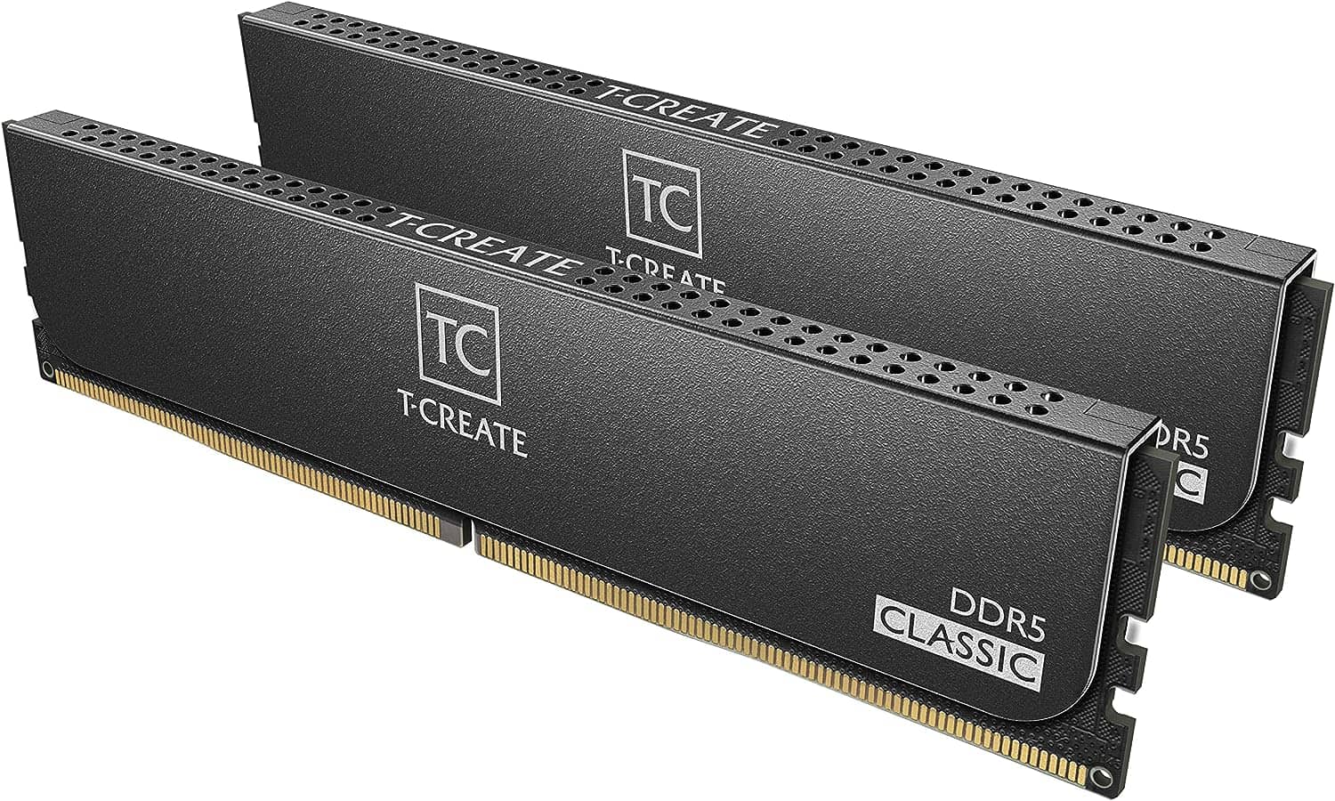 Two TEAMGROUP T-Create Classic 10L DDR5 desktop ram modules with black heatsinks.