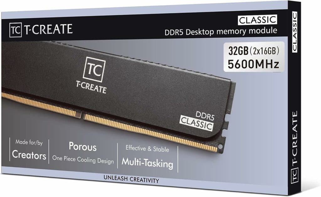 32GB Kit DDR5 desktop memory module by TEAMGROUP T-Create, featuring a one-piece cooling design for effective multi-tasking at 5600MHz.
