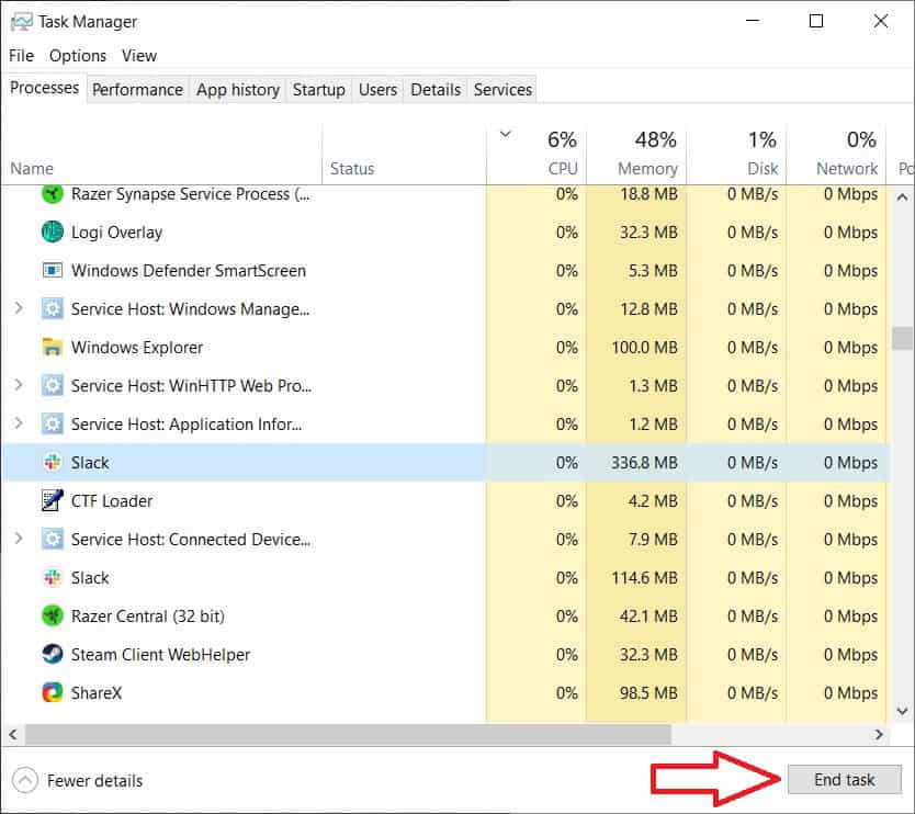 Screenshot of the windows task manager showing a list of running applications including Slack and other processes, with an arrow pointing to the "end task" button to reduce CPU usage.
