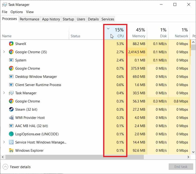 Guide on how to check CPU usage using Windows Task Manager, showing CPU utilization at 15% highlighted, with various processes listed including multiple instances of Google Chrome.