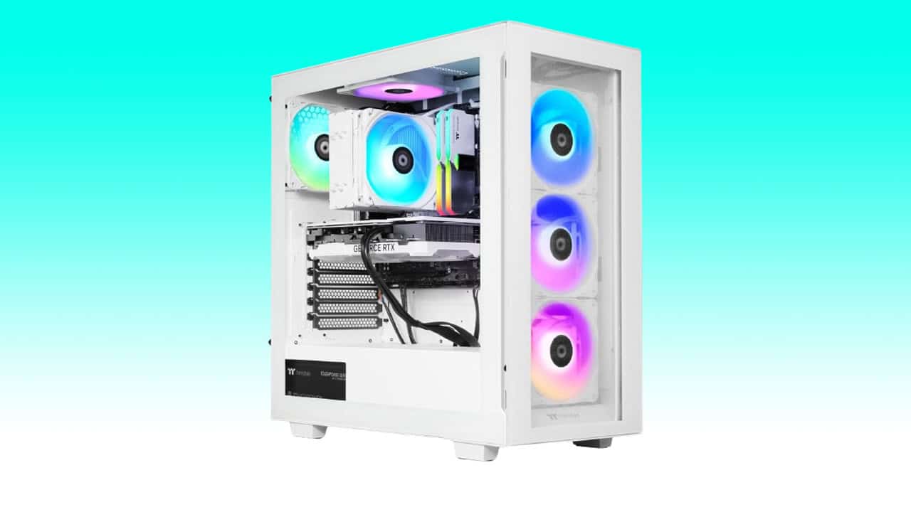 A modern gaming PC with a white case and multiple RGB fans visible through a clear side panel, set against a gradient blue background, featuring Thermaltake LCGS components.