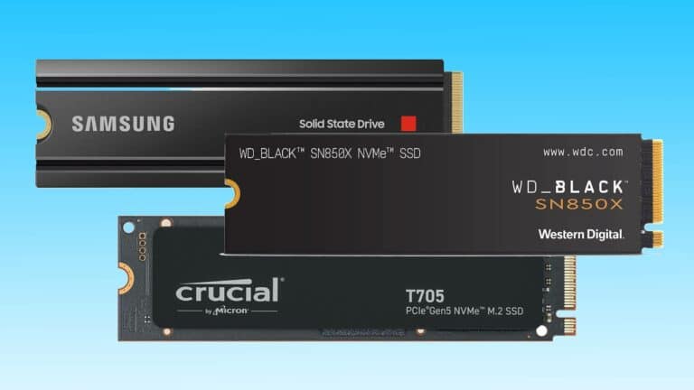 Three different brands of solid state drives (SSDs), including Samsung, WD_Black, and Crucial, isolated on a blue background, showcasing some of the best SSD deals.